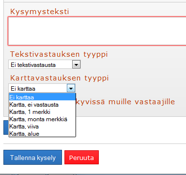 Viivat ja alueet/ Karttamerkit/ Karttakuvat Kyselyn laatija määrittelee, mitkä viivat ja alueet/karttamerkit/kuvat näkyvät vastaajalle karttapohjalla.
