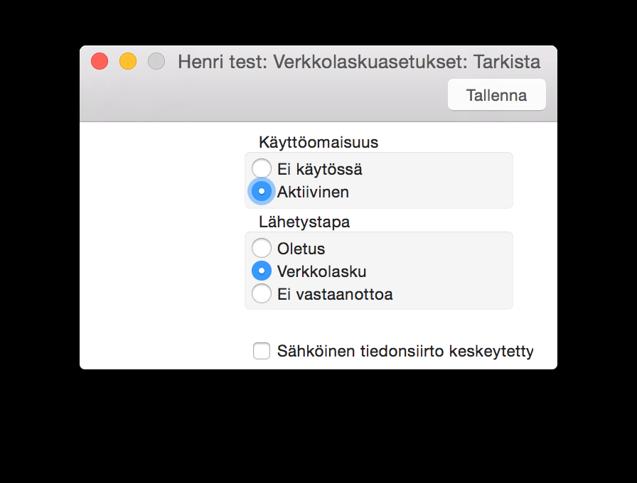 Verkkolaskujen lähetys; Tässä kohdassa aktivoidaan verkkolaskujen lähetys valitsemalla kohta Aktivoi.