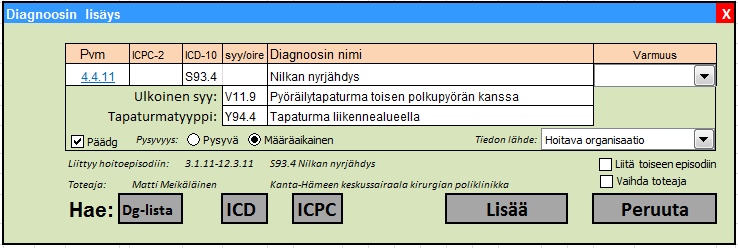 Diagnooseihin ja käyntisyihin liittyvät luokitukset Tietosisältömäärittelyssä on kunkin kentän kohdalla määritelty myös diagnoosien kirjauksessa käytettävät luokitukset (Taulukko 3).