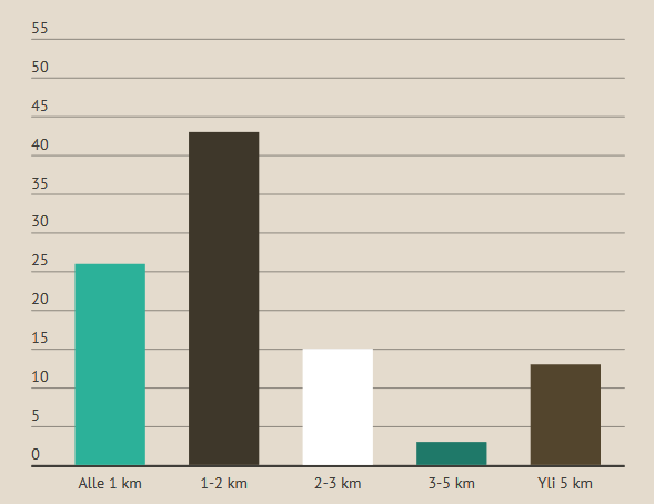 Koulumatkojen pituus 84 % alakoululaisten koulumatkoista on alle 3 km