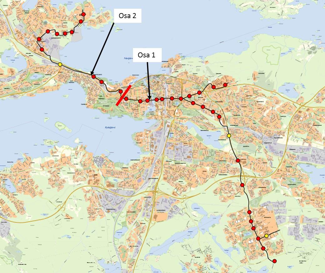 Raitiotieverkko ja kehitysvaiheet Osa 2 Osa 1 Jatkosuunta johon varauduttava nyt Koskipuistossa Jatkosuunta johon varauduttava nyt Vieritiellä Osa 1 - Linja A, Pyynikintori Hervantajärvi - vuoroväli