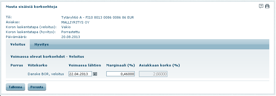 7. Sisäisten korkoehtojen muuttaminen Voit hallinnoida Konsernitilin ja Zero Balancing Cash Poolin sisäisiä korkoehtoja. Ensimmäiset sisäiset korkoehdot pitää ilmoittaa Pankille, joka päivittää ne.