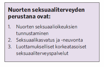 sekä luottamukselliset ja korkeatasoiset seksuaaliterveyspalvelut (Apter 2006, 13). Kuva 1 Nuoren seksuaaliterveyden perusta (Apter 2006, 13) 3.