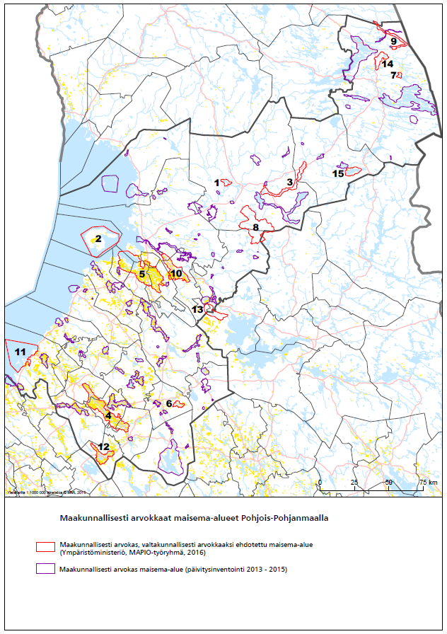 Kuva 9. Maakunnallisesti arvokkaat valtakunnallisesti arvokkaiksi ehdotetut maisema-alueet (alueet numeroitu kartalle) ja maakunnallisesti arvokkaat maisema-alueet Pohjois-Pohjanmaalla. 1.