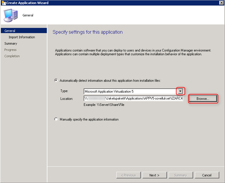 2. Type-vetovalikosta valitaan Microsoft Application Virtualization 5-tyyppi ja Locationiin asetetaan paketin lähdesijainti Browse-napista.