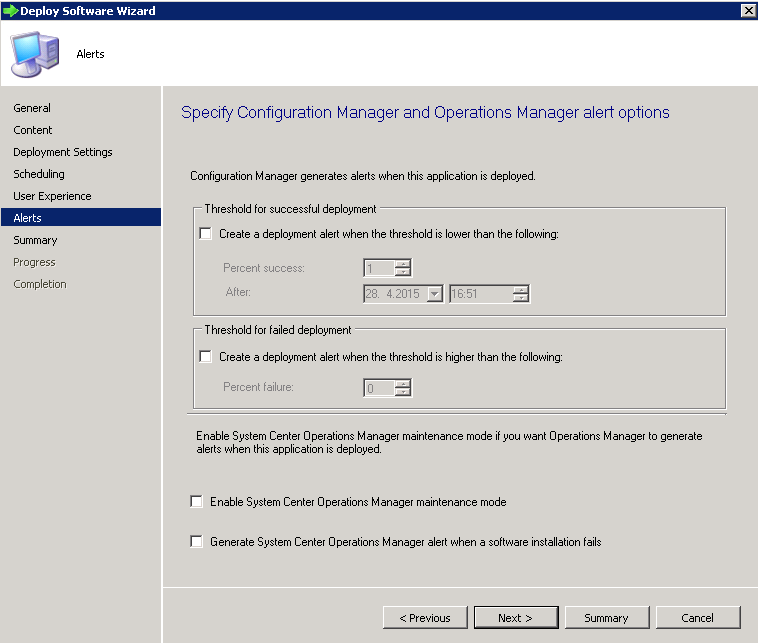 13. Tällä sivulla voidaan vaikuttaa minkälaisissa tilanteissa Configuration Manager luo varoituksia jakelusta.