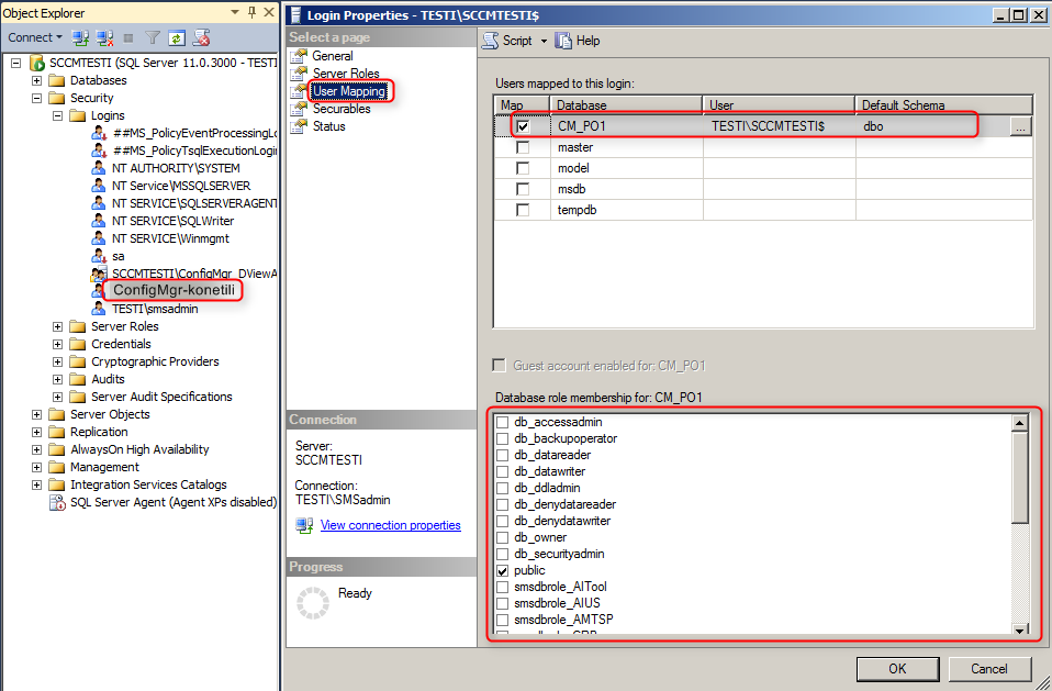 Kuva 28 ConfigMgr-konetilin oikeudet tietokantaan 4.