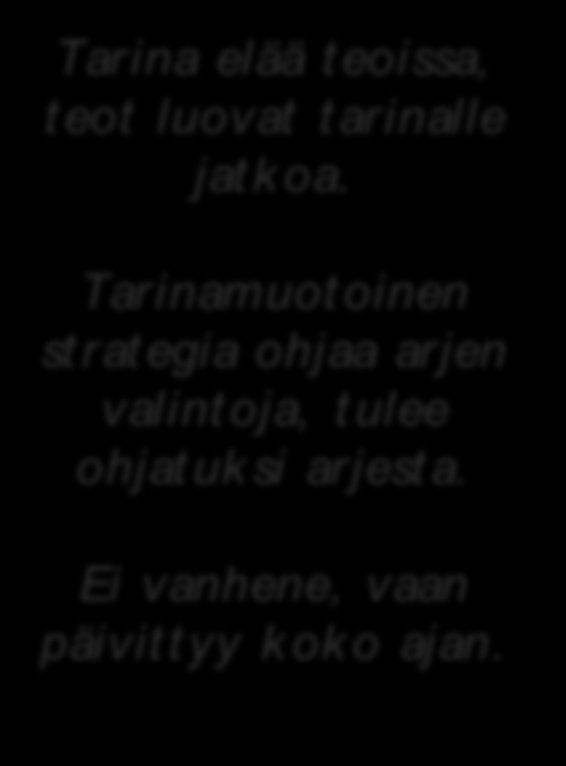 Miksi strategia on tarinan muodossa? Tarina elää t eoissa, t eot luovat t arinalle jat k oa. Tarinamuot oinen st rat egia ohjaa arjen valint oja, tulee ohjat uk si arjest a.