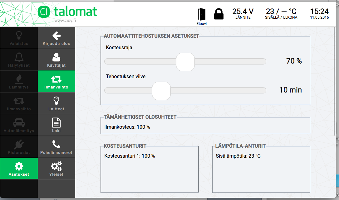 Loki -valikko näyttää tapahtuneet hälytystiedot sekä vikatilanteet. Lokin voi tyhjentää Tyhjennä loki painikkeella. Laitteet -valikosta voi muokata laitteiden nimiä. Esim.