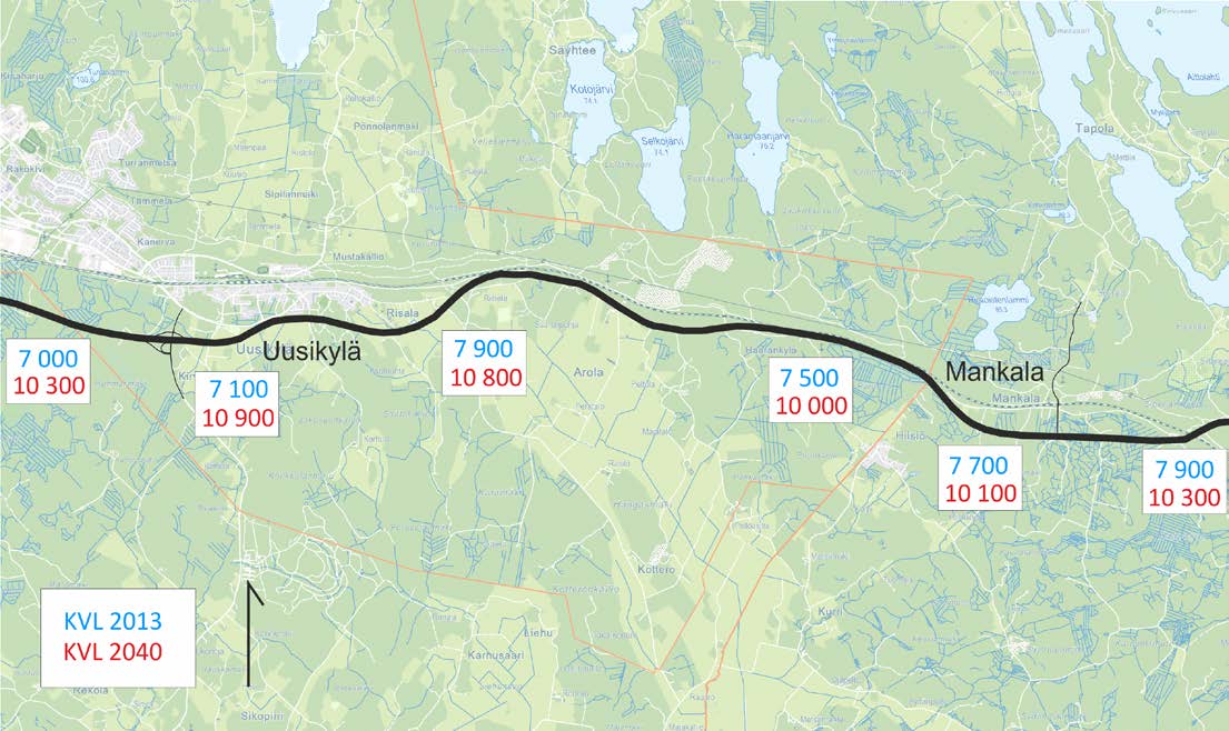 Taulukko 2.1. Liikenne-ennusteen liikennetuotosten, suoritteiden, matkan pituuksien ja keskinopeuksien muutokset liikennemallin mukaisissa verkoissa.