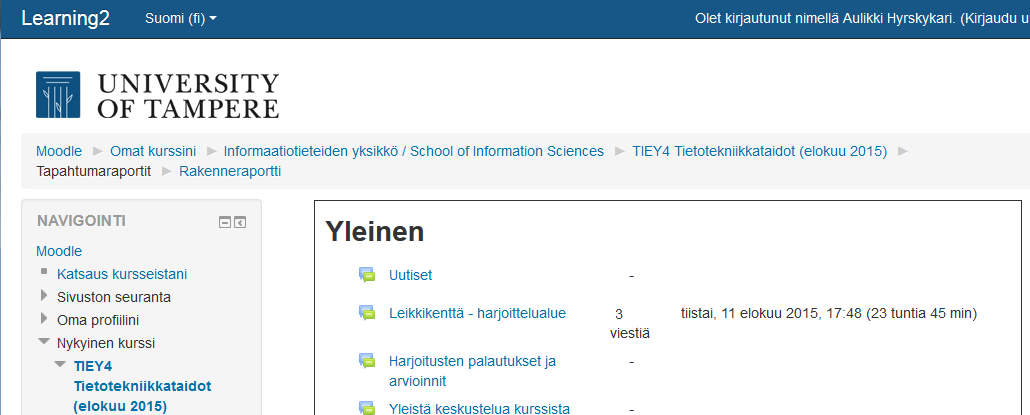 Tehtävä 1 (1p) Moodlen keskustelufoorumin käyttö Käy kokeilemassa viestin kirjoitusta harjoittelualueella (Leikkikentällä).