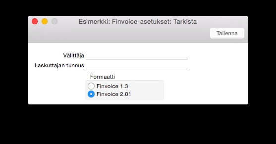 Finvoice formaatti Laskutusmoduuli>>Asetukset>>Valitse formaatiksi 2.01 Liikekumppanitietueen tiedot Asiakkaalla tulee olla kirjattuna Y-tunnus ja OVT-tunnus, sekä laskutusosoite.