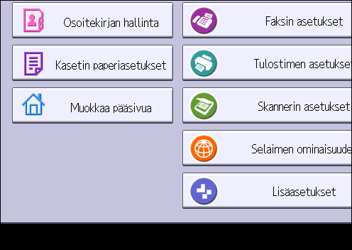 2. Aluksi 2. Kirjaudu Web Image Monitoriin pääkäyttäjänä. Lisätietoja, katso Tietoturvaopas. 3. Valitse [Laitehallinta] ja sitten [Pääsivun hallinta]. 4. Napsauta [Muokkaa kuvakkeita] 5.