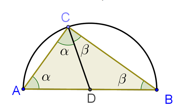 b) Koska kaari AB on puoliympyrä, on janan AB keskipiste D ympyrän keskipiste. Merkitään kolmion ABC kantakulmat ja. Janat DA, DC ja DB ovat kaikki ympyrän säteen mittaisia.