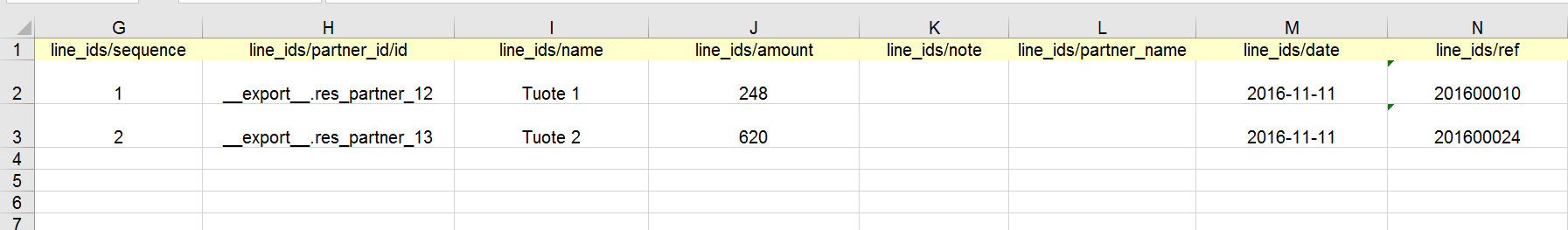 13 Excel tiedoston ylimmällä rivillä on Odoo kenttien nimet, joita luonnollisesti ei saa muuttaa. Seuraavilla riveillä ovat tiliotteen tapahtumien tiedot.