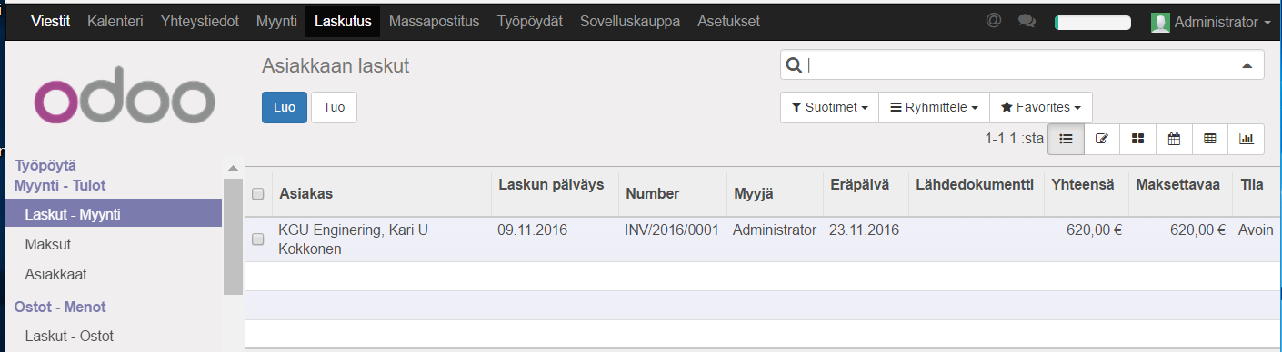 6 Kun lasku on hyväksytty (ja lähetetty), sen tila on Avoin (=ei maksettu). Laskutus/Kirjanpito työpöydällä näkyy aina hyväksymättömien ja avoimien laskujen määrä.