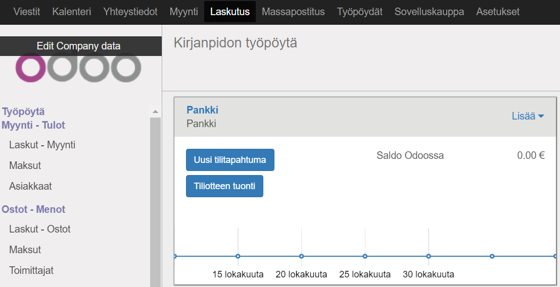 9 Esimerkki 3: Maksujen kirjaaminen pankin tiliotteesta Pankin tiliotteet voidaan syöttää Odoo järjestelmää kahdella eri tavalla. 1. Tiliotteen syöttäminen käsin (yksi kerrallaan) 2.