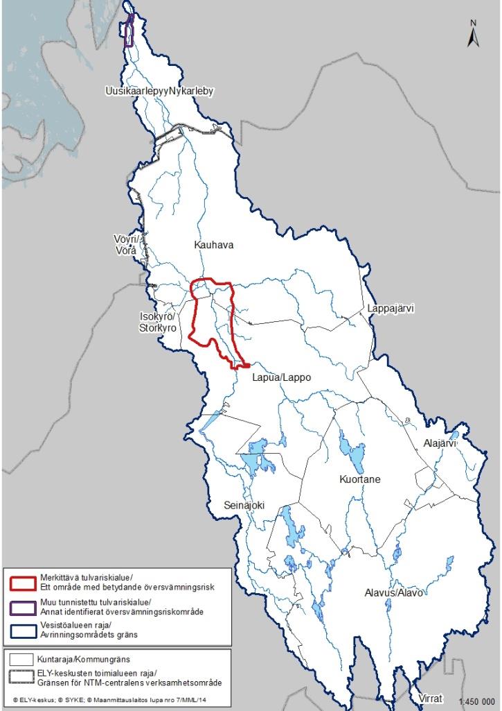 ja Uusikaarlepyy. Merkittävä tulvariskialue sijaitsee Kauhavan ja Lapuan kaupunkien alueella (kuva 3). Lapuanjoen pääuoman pituus on noin 170 km.