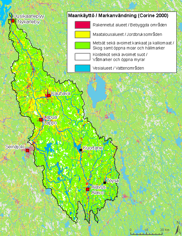 pamat sulfaattimaat sijaitsevat pääosin +80 m korkeuskäyrän alapuolella. Lapuanjoen vesistöalue on pääosin metsää ja suota (yli 70 %). Myös peltojen osuus (noin 22 %) on huomattavan suuri.