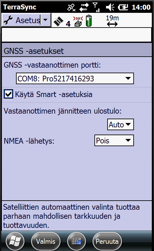 Liite 4 17(19) 12. Mene GNSS asetuksiin. Laita täppä kohtaan Käytä Smart asetuksia. Paina Valmis -painiketta. 1. Täppä kohtaan käytä Smart -asetuksia 2.