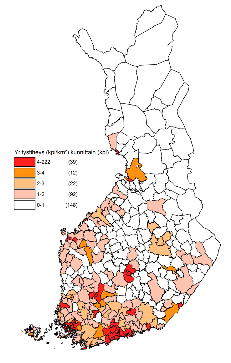 16 (57) Kuvio 1. Yritysten toimipaikkojen tiheys kunnittain (Tilastokeskus 2016) 31 Vastaavasti seuraavasta kartasta näkyy kuinka paljon teleyrityksillä on kiinteitä yhteyksiä kunnittain.