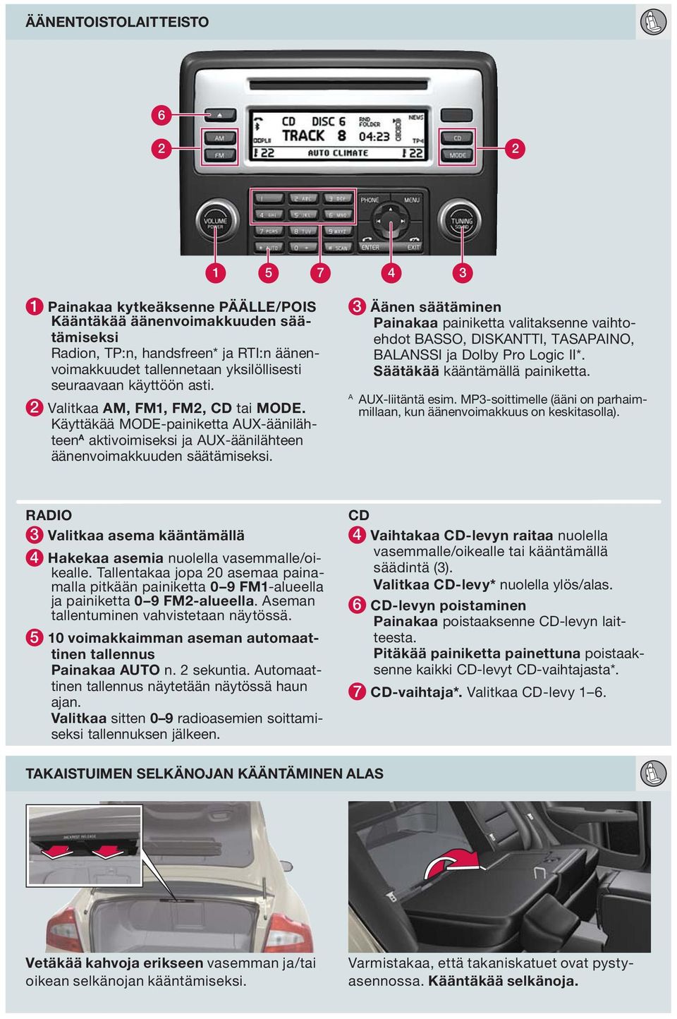 3 Äänen säätäminen Painakaa painiketta valitaksenne vaihtoehdot BASSO, DISKANTTI, TASAPAINO, BALANSSI ja Dolby Pro Logic II*. Säätäkää kääntämällä painiketta. A AUX-liitäntä esim.