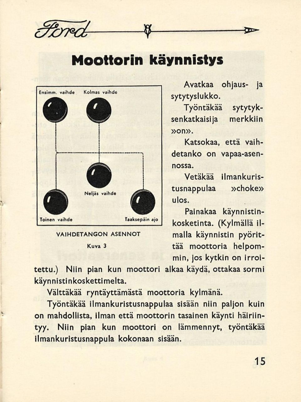 (Kylmällä ilmalla VAIHDETANGON ASENNOT käynnistin pyörit- Kuva 3 tää moottoria helpommin, jos kytkin on irroitettu.