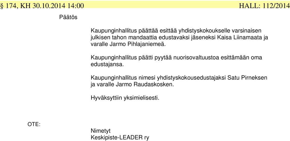 mandaattia edustavaksi jäseneksi Kaisa Liinamaata ja varalle Jarmo Pihlajaniemeä.
