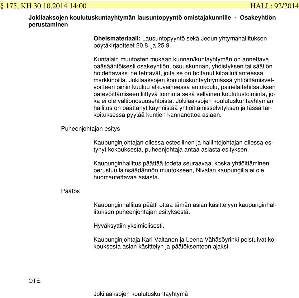 pöytäkirjaotteet 20.8. ja 25.9.