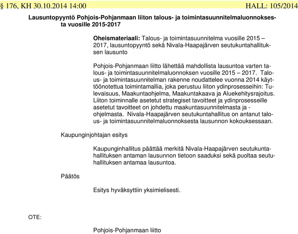 sekä Nivala-Haapajärven seutukuntahallituksen lausunto Pohjois-Pohjanmaan liitto lähettää mahdollista lausuntoa varten talous- ja toimintasuunnitelmaluonnoksen vuosille 2015 2017.