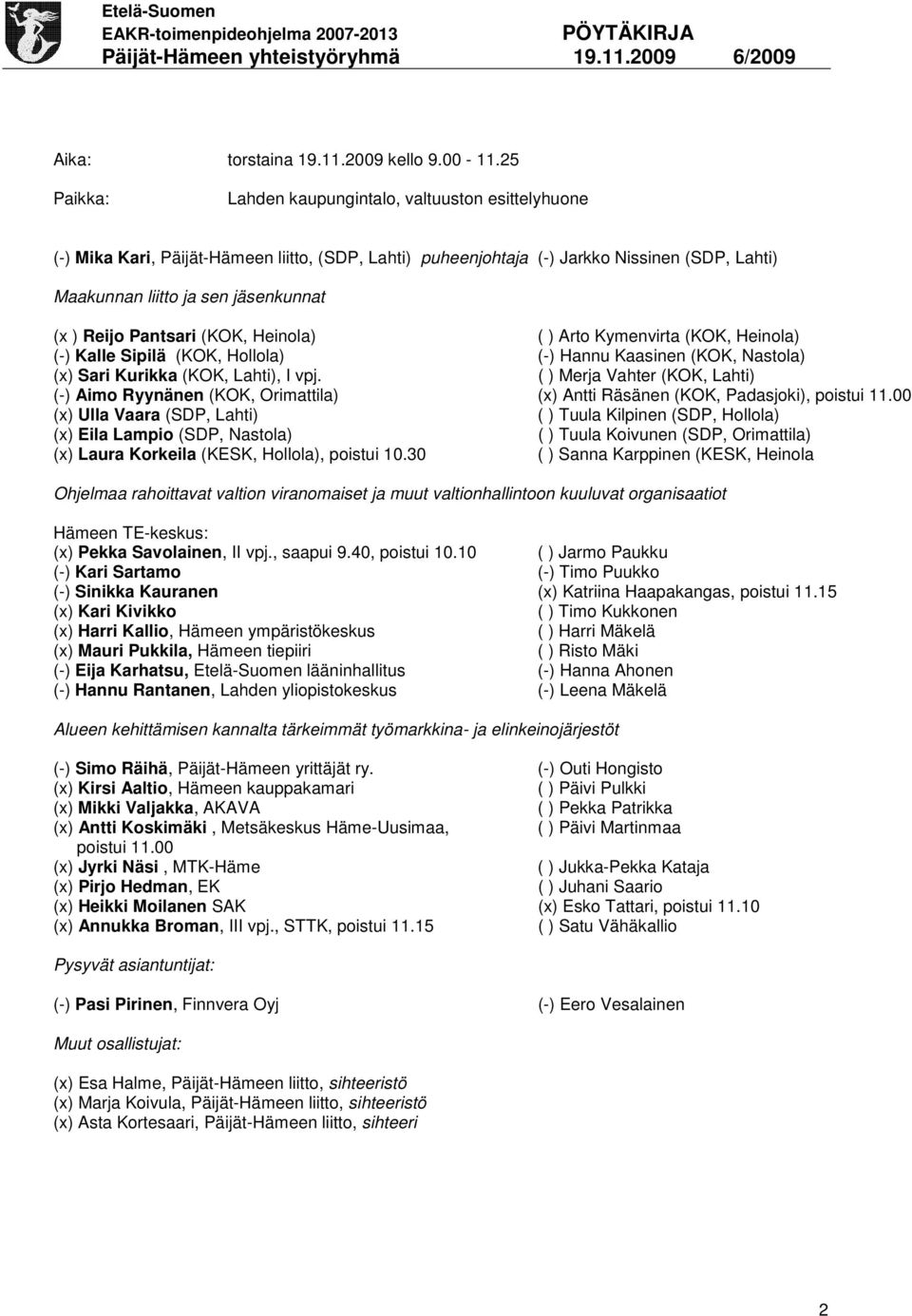 Reijo Pantsari (KOK, Heinola) ( ) Arto Kymenvirta (KOK, Heinola) (-) Kalle Sipilä (KOK, Hollola) (-) Hannu Kaasinen (KOK, Nastola) (x) Sari Kurikka (KOK, Lahti), I vpj.