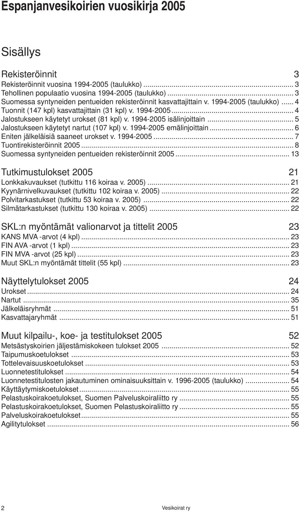 1994-2005 isälinjoittain... 5 Jalostukseen käytetyt nartut (107 kpl) v. 1994-2005 emälinjoittain... 6 Eniten jälkeläisiä saaneet urokset v. 1994-2005... 7 Tuontirekisteröinnit 2005.