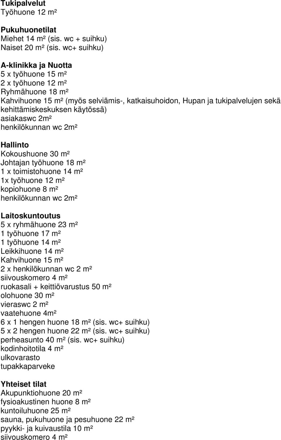 asiakaswc 2m² henkilökunnan wc 2m² Hallinto Kokoushuone 30 m² Johtajan työhuone 18 m² 1 x toimistohuone 14 m² 1x työhuone 12 m² kopiohuone 8 m² henkilökunnan wc 2m² Laitoskuntoutus 5 x ryhmähuone 23