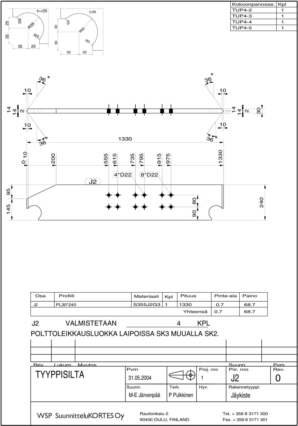 7 Yhteensä.7 68.7 J2 VALMISTETAAN 4 KPL Rev. Lukum. Muutos. Proj. nro Piir. nro Rev.