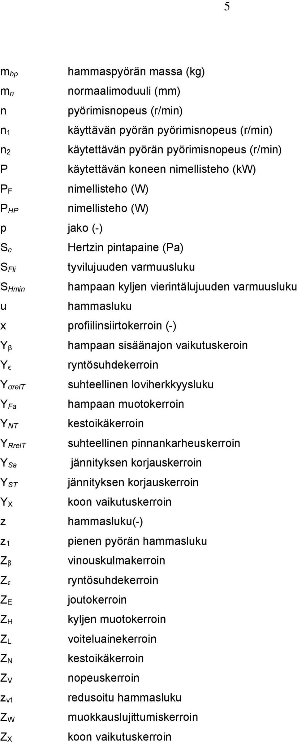 profiilinsiirtokerroin (-) Y β Y ϵ Y σrelt Y Fa Y NT Y RrelT Y Sa Y ST Y X z z 1 Z β Z ϵ Z E Z H Z L Z N Z V z v1 Z W Z X hampaan sisäänajon vaikutuskeroin ryntösuhdekerroin suhteellinen