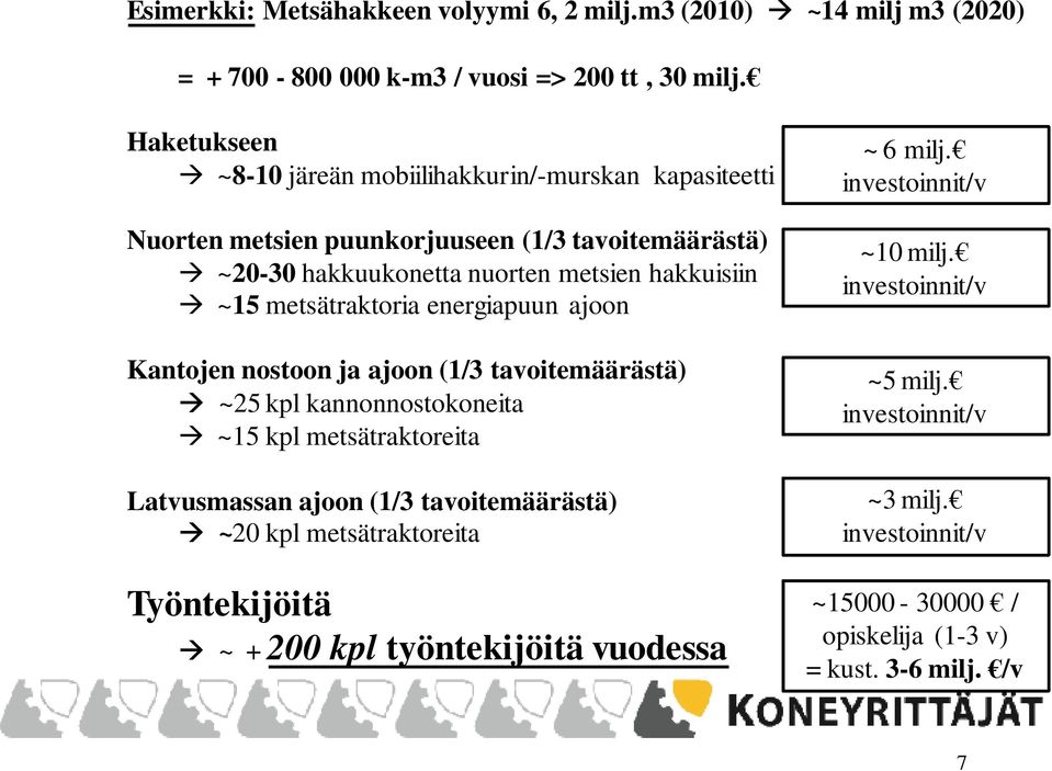 metsätraktoria energiapuun ajoon Kantojen nostoon ja ajoon (1/3 tavoitemäärästä) ~25 kpl kannonnostokoneita ~15 kpl metsätraktoreita Latvusmassan ajoon (1/3