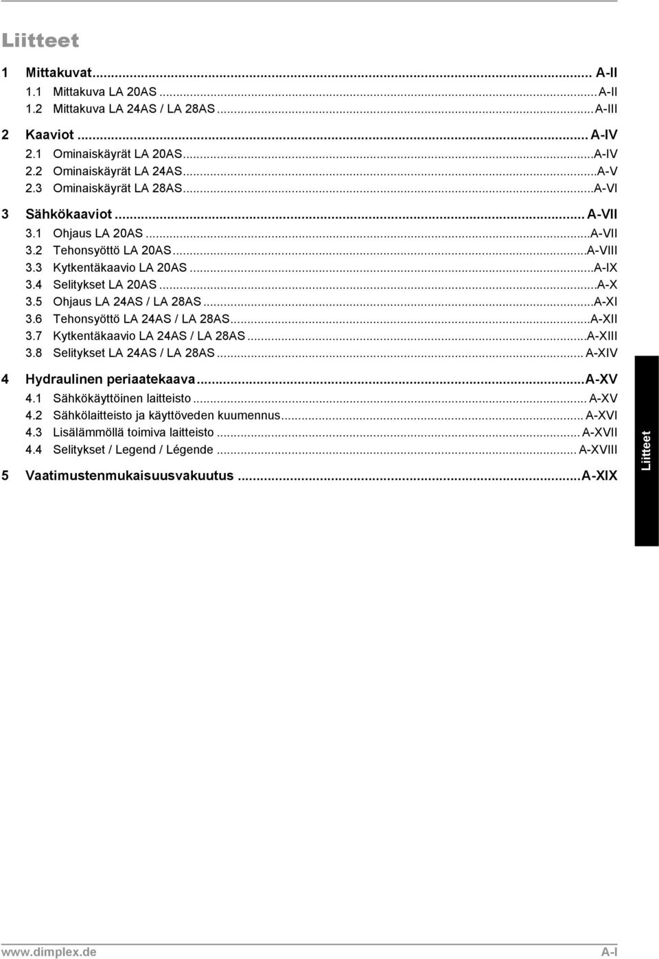 6 Tehonsyöttö LA 24AS / LA 28AS...A-XII 3.7 Kytkentäkaavio LA 24AS / LA 28AS...A-XIII 3.8 Selitykset LA 24AS / LA 28AS... A-XIV 4 Hydraulinen periaatekaava...a-xv 4.1 Sähkökäyttöinen laitteisto.