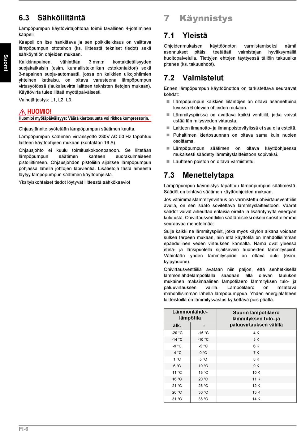 kunnallistekniikan estokontaktori) sekä 3-napainen suoja-automaatti, jossa on kaikkien ulkojohtimien yhteinen katkaisu, on oltava varusteena lämpöpumpun virtasyötössä (laukaisuvirta laitteen