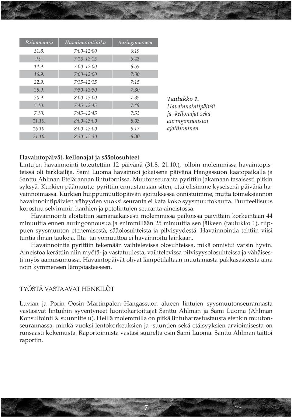 Havaintopäivät, kellonajat ja sääolosuhteet Lintujen havainnointi toteutettiin 12 päivänä (31.8. 21.10.), jolloin molemmissa havaintopisteissä oli tarkkailija.