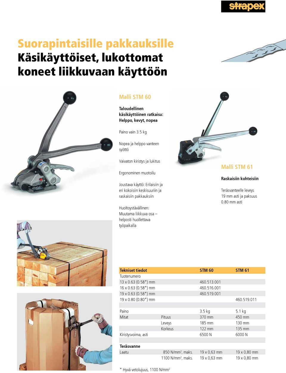 liikkuva osa helposti huollettava työpaikalla Malli STM 61 Raskaisiin kohteisiin Teräsvanteelle leveys 19 mm asti ja paksuus 0.80 mm asti Tekniset tiedot STM 60 STM 61 13 x 0.63 (0.58*) mm 460.513.