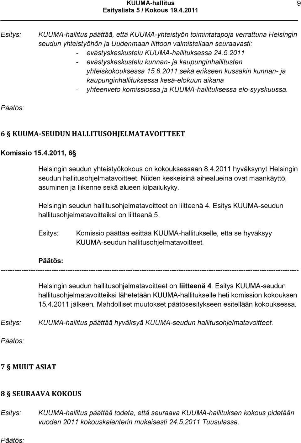 2011 sekä erikseen kussakin kunnan- ja kaupunginhallituksessa kesä-elokuun aikana - yhteenveto komissiossa ja KUUMA-hallituksessa elo-syyskuussa. 6 KUUMA-SEUDUN HALLITUSOHJELMATAVOITTEET Komissio 15.