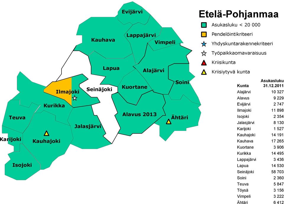 Jalasjärvi 8 130 Karijoki 1 527 Karijoki Kauhajoki Kauhajoki 14 191 Kauhava 17 265 Kuortane 3 906 Kurikka 14 495