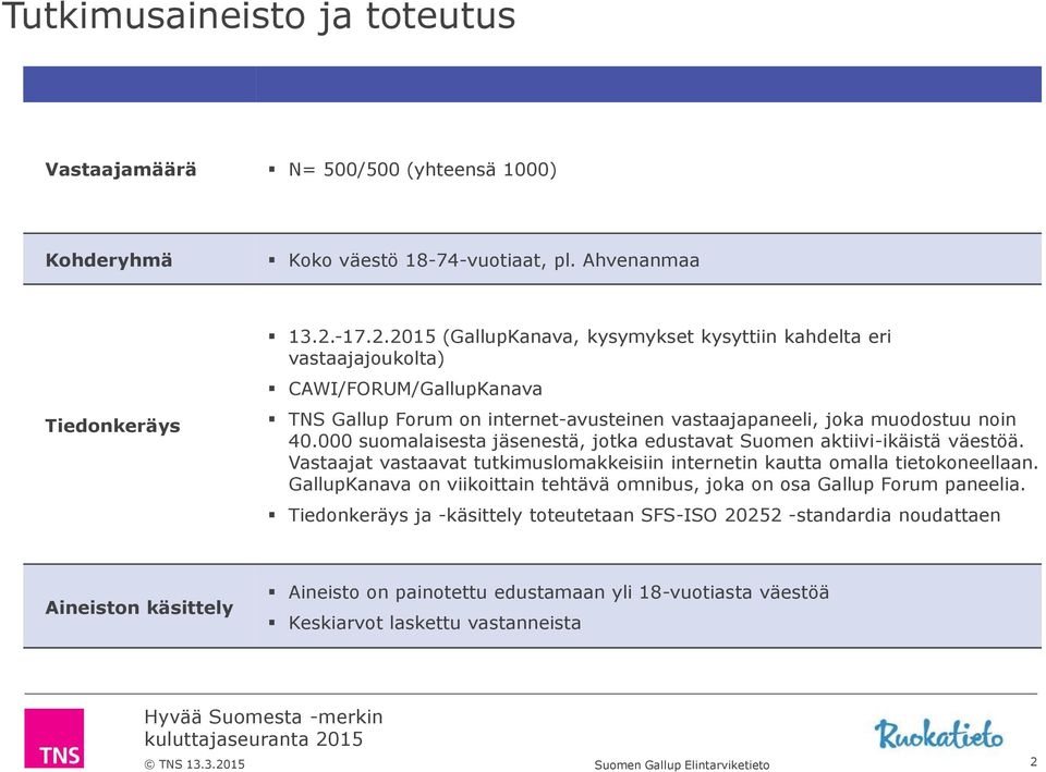 .0 (GallupKanava, kysymykset kysyttiin kahdelta eri vastaajajoukolta) CAWI/FORUM/GallupKanava TNS Gallup Forum on internet-avusteinen vastaajapaneeli, joka muodostuu noin 0.