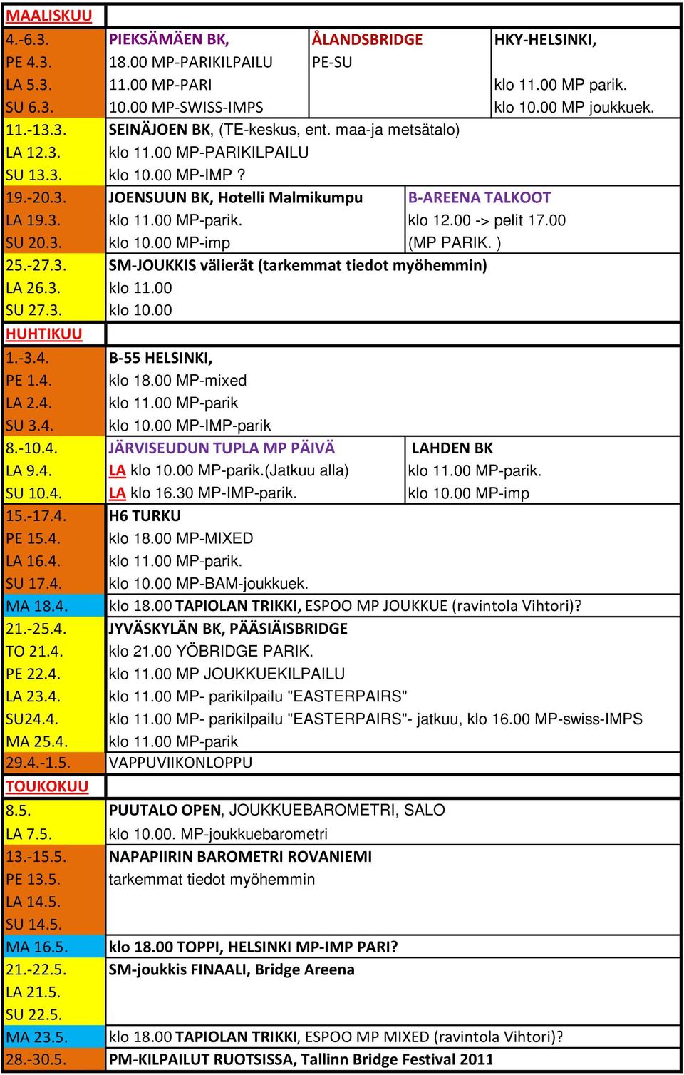 3. klo 10.00 MP-imp (MP PARIK. ) 25.-27.3. SM-JOUKKIS välierät (tarkemmat tiedot myöhemmin) LA 26.3. klo 11.00 SU 27.3. klo 10.00 HUHTIKUU 1.-3.4. B-55 HELSINKI, PE 1.4. klo 18.00 MP-mixed LA 2.4. klo 11.00 MP-parik SU 3.
