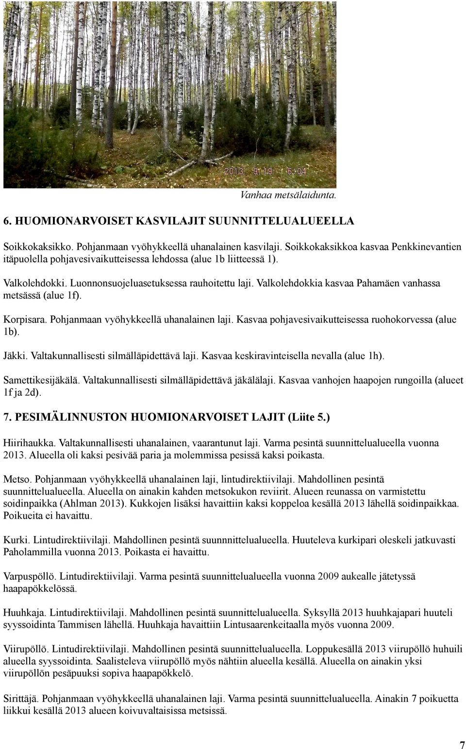 Valkolehdokkia kasvaa Pahamäen vanhassa metsässä (alue 1f). Korpisara. Pohjanmaan vyöhykkeellä uhanalainen laji. Kasvaa pohjavesivaikutteisessa ruohokorvessa (alue 1b). Jäkki.