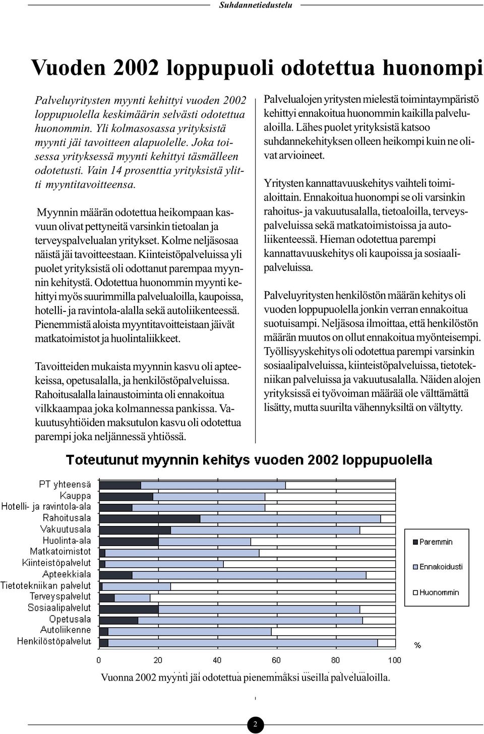 Myynnin määrän odotettua heikompaan kasvuun olivat pettyneitä varsinkin tietoalan ja terveyspalvelualan yritykset. Kolme neljäsosaa näistä jäi tavoitteestaan.