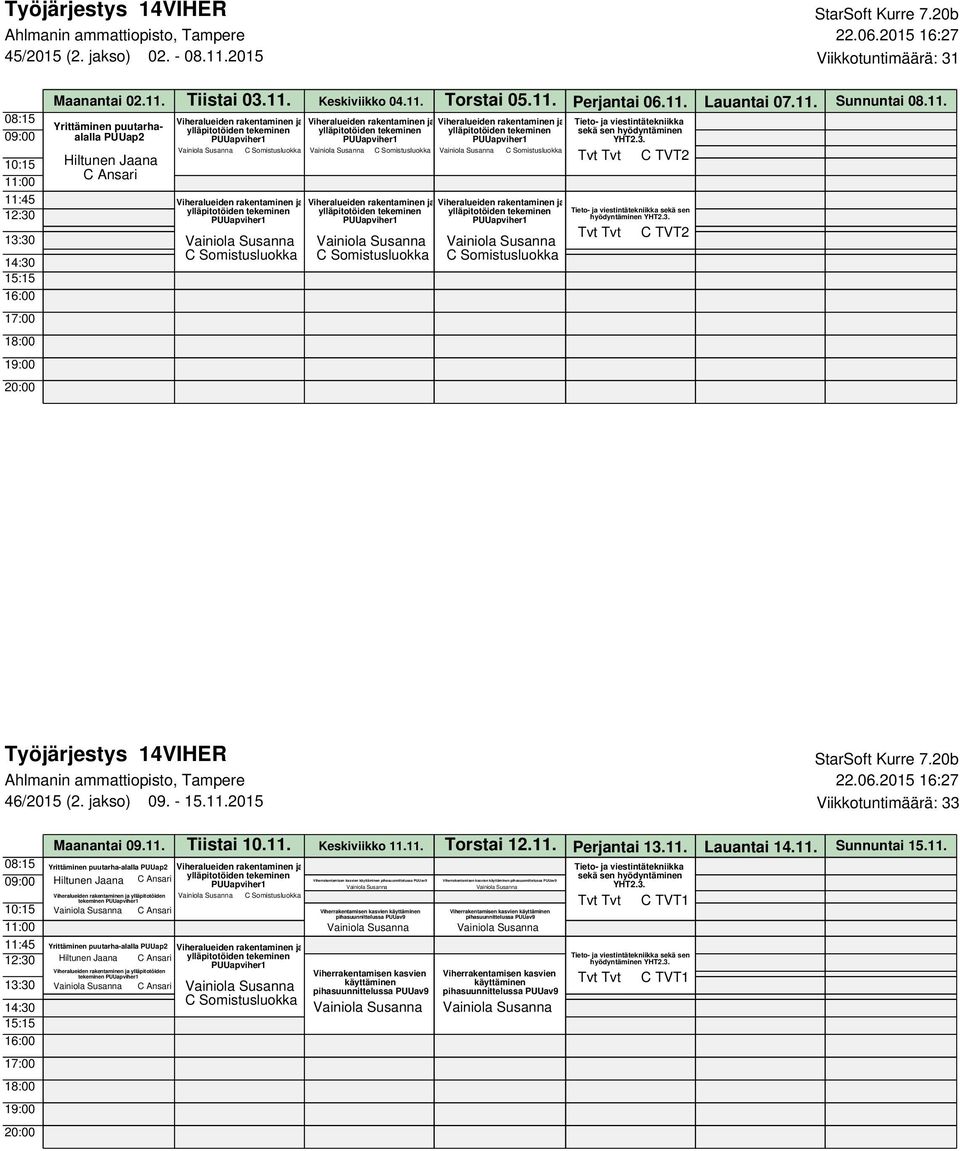 11. Perjantai 13.11. Lauantai 14.11. Sunnuntai 15.11. Yrittäminen puutarha-alalla C Ansari Viherrakentamisen kasvien käyttäminen Viherrakentamisen kasvien käyttäminen ylläpitotöiden tekeminen C