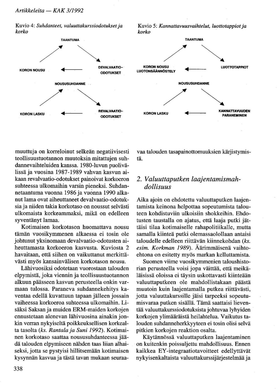 muutoksin mitattujen suhdannevaihteluiden kanssa. 1980-luvun puolivälissä ja vuosina 1987-1989 vahvan kasvun aikaan revalvaatio-odotukset painoivat korko eron suhteessa ulkomaihin varsin pieneksi.