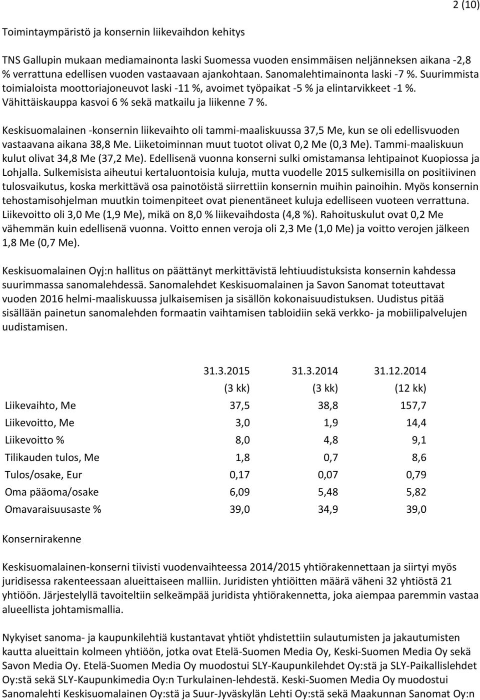 Vähittäiskauppa kasvoi 6 % sekä matkailu ja liikenne 7 %. Keskisuomalainen -konsernin liikevaihto oli tammi-maaliskuussa 37,5 Me, kun se oli edellisvuoden vastaavana aikana 38,8 Me.