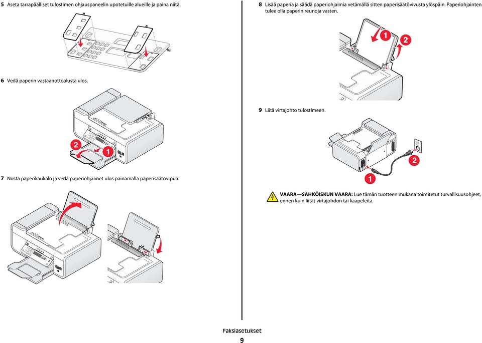 Paperiohjainten tulee olla paperin reunoja vasten. 1 2 6 Vedä paperin vastaanottoalusta ulos. 9 Liitä virtajohto tulostimeen.